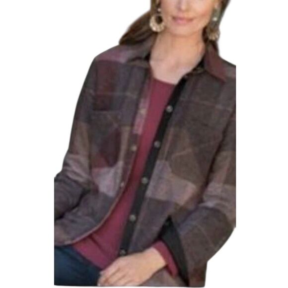 Soft Surroundings Taupe Mauve Brown Plaid Oversized Snap Front Cozy Shacket XL - Picture 1 of 12